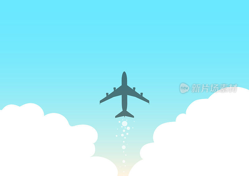 飞机快速直飞天空的插图。飞机在天空中翱翔。喷射设计漂浮在空中与云。