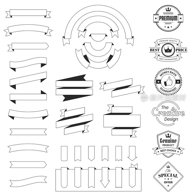 套缎带，横幅，徽章，标签(轮廓，线艺术)-白色背景上的设计元素