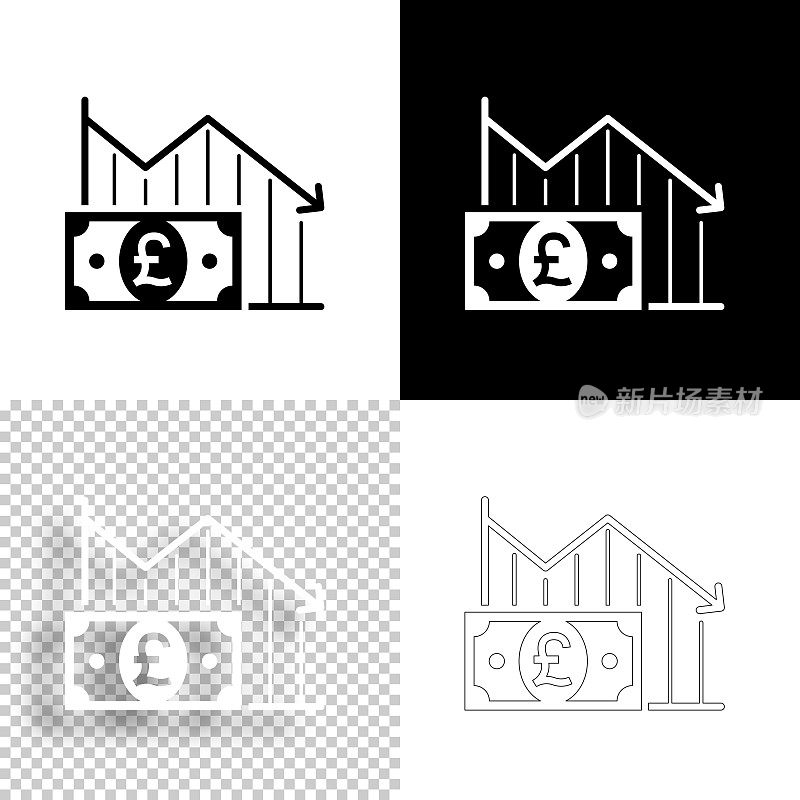 英镑钞票下降图表。图标设计。空白，白色和黑色背景-线图标