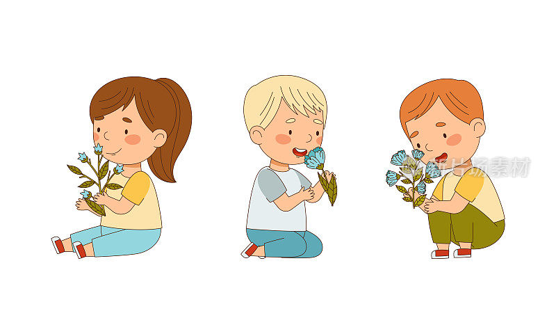 快乐可爱的孩子们坐在地板上，拿着春天的花，闻着香气的卡通矢量插图