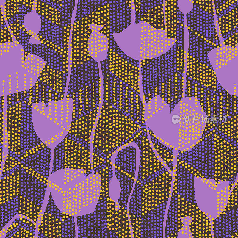 无缝抽象花图案。点状钻石纹理覆盖的罂粟剪影。现代几何地毯动态设计。高分辨率可重复的植物装饰。雪佛龙数码打印。