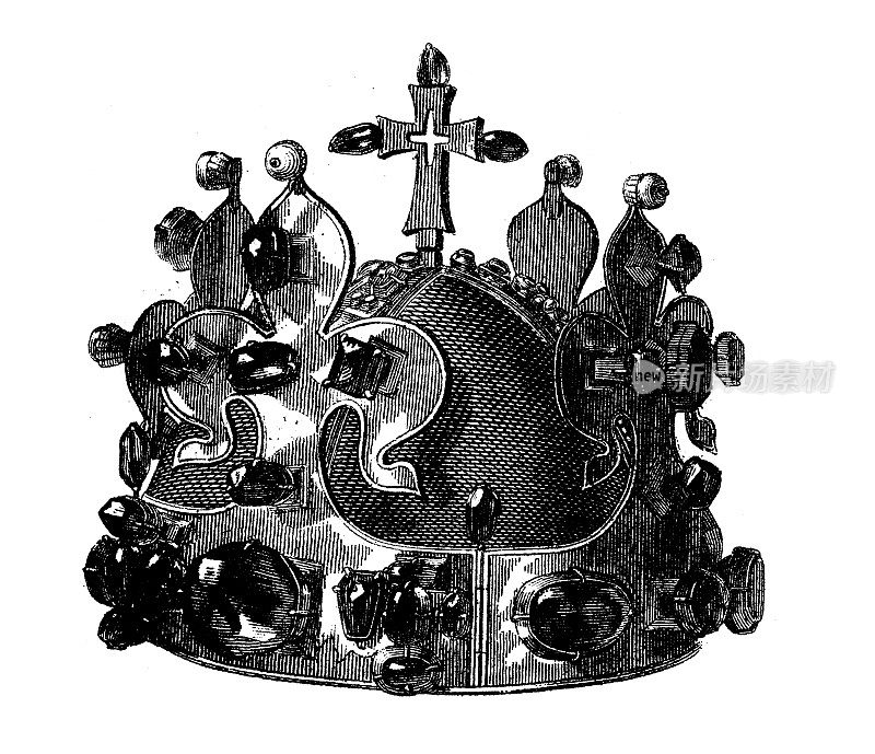 古董雕刻插图，文明:波西米亚国王王冠，14世纪