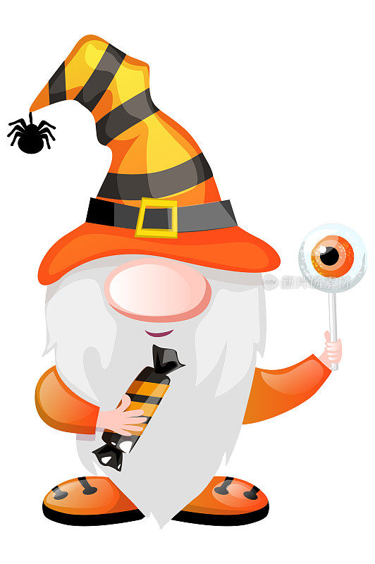 万圣节用糖果和棒棒糖装扮的橙色小矮人。