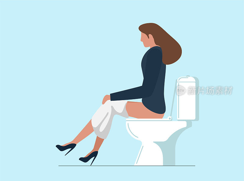 有思想的年轻女子在厕所里小便或拉屎。女孩坐在抽水马桶上。美女花时间在洗手间。矢量图
