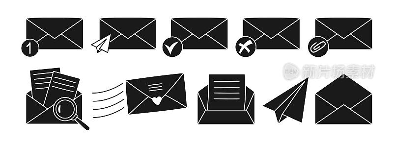 邮件信封标志剪影设置新消息图标信件邮件电子邮件通知邮箱向量