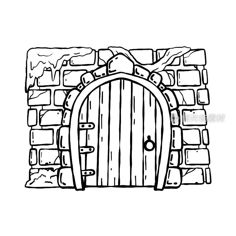 城堡的门。童话城堡或中世纪石墙入口。木制的门关闭。卡通手绘插画