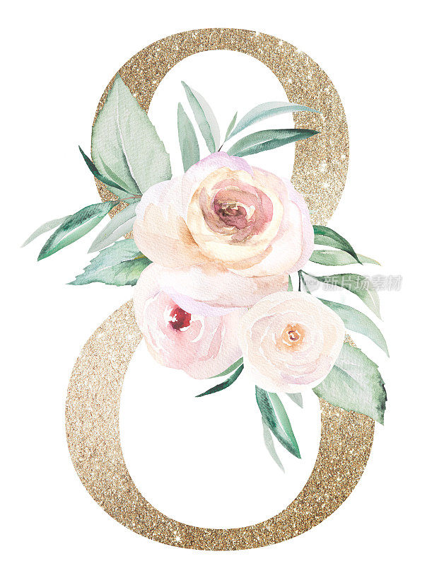淡金色数字8与水彩玫瑰和叶子。粉彩花卉字母表