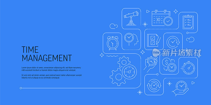 时间管理相关矢量横幅设计概念，现代线条风格与图标