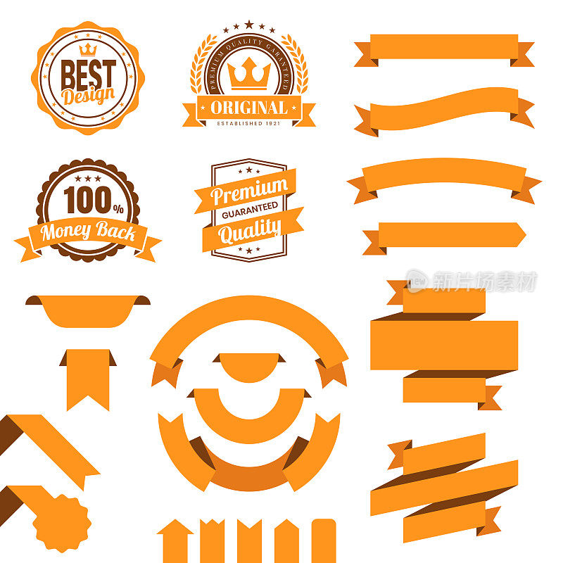 采购产品一套橙色丝带，旗帜，徽章，标签-设计元素在白色背景