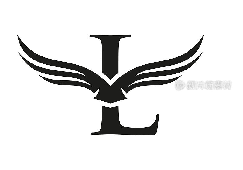 字母L翼标志设计。首飞翼L字母Logo。字母L翅膀象征概念