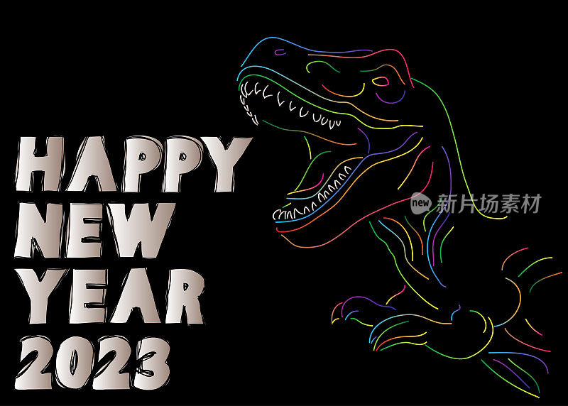 恐龙用语音泡泡说新年话。雷克斯暴龙有思想。节日贺卡。抽象矢量插图。