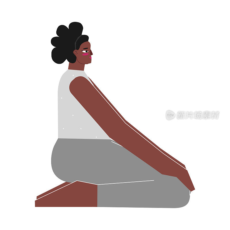 矢量插图与平坦的女性身体积极的性格。强壮的非裔美国妇女在瑜伽课上学习坐姿Virasana。健身运动-英雄姿势