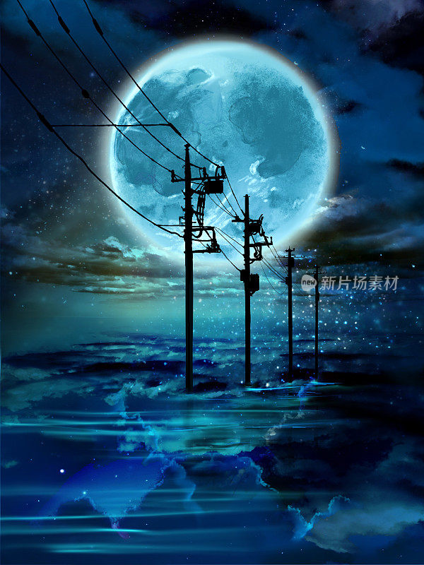 夜晚的黑暗中，满月和星空闪耀，海面上矗立着一根电线杆，电线一直延伸到地平线的神秘风景的剪接艺术。