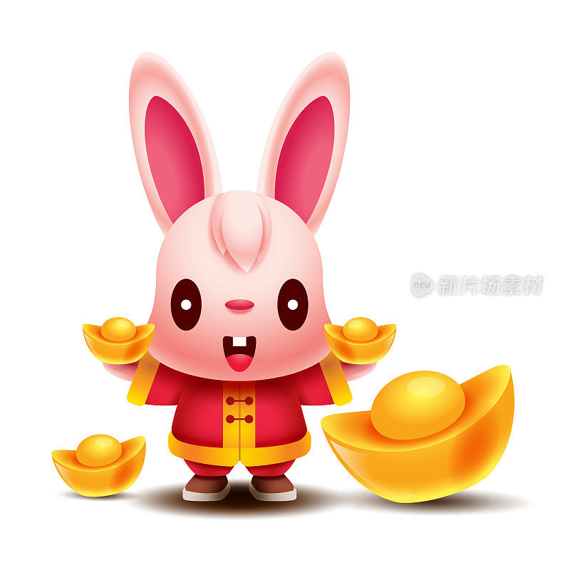 2023年中国新年小兔子卡通抱金元宝。金锭撒在地上。兔年