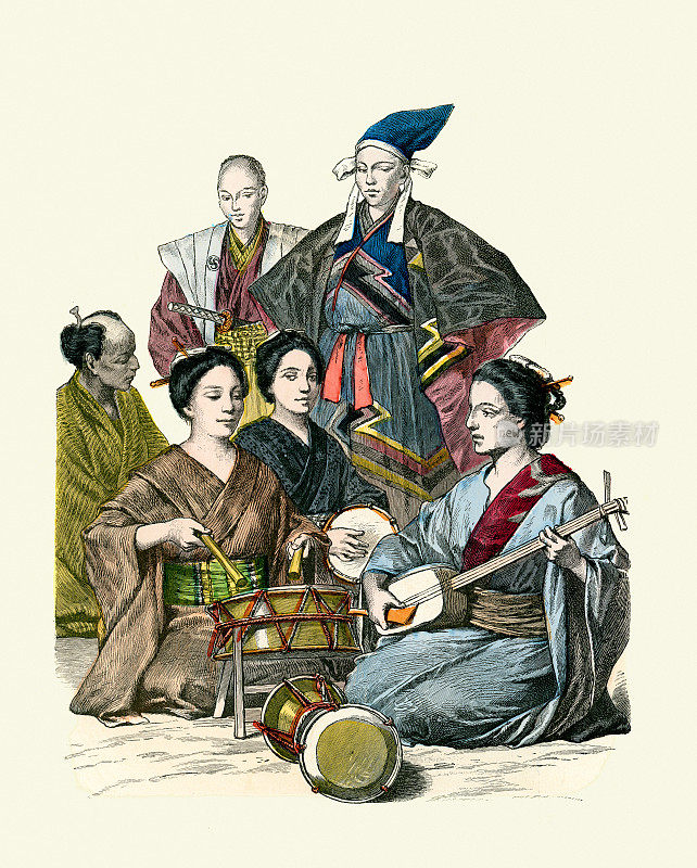 日本传统服饰，日本女音乐家，鼓，琵琶，裁判官，19世纪时装史