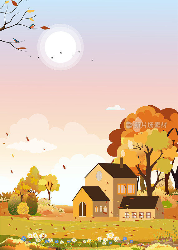 橙色天空的农田秋季景观，云天和太阳的乡村中秋仙境，橙色树叶的山，草地，秋季或秋季背景矢量旗