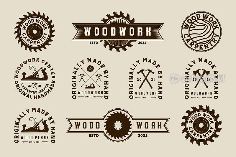 独家集木工矢量插图标志设计。为木材大师，锯木厂和木工服务的高级套标志模板。木工工具Logo集合、捆绑或套装