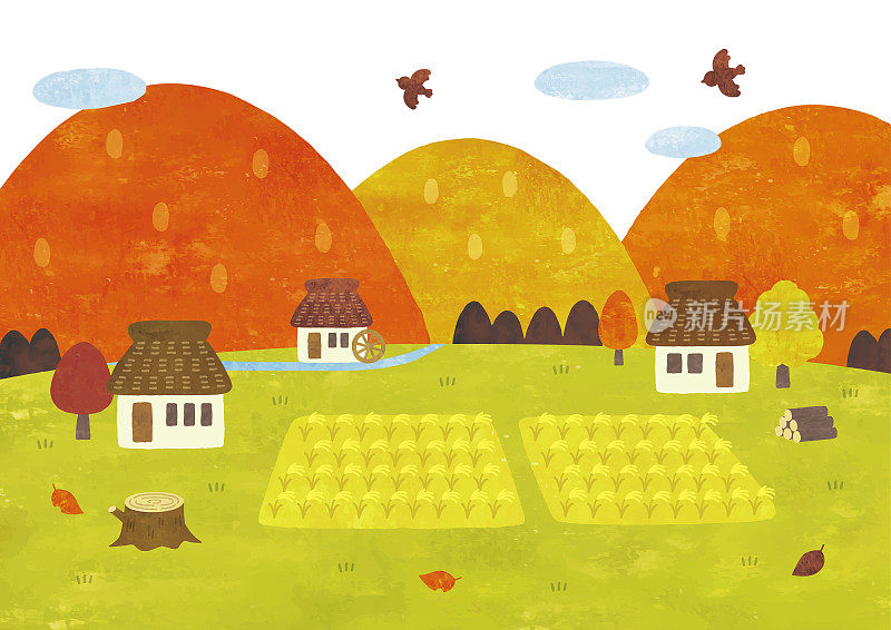 秋水彩画中的日本乡村风光