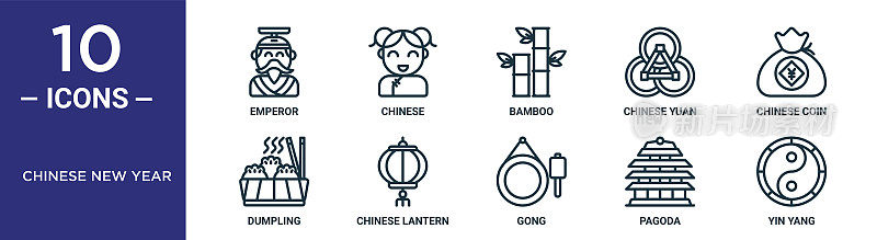 中国新年轮廓图标集包括细线皇帝，竹子，中国硬币，中国灯笼，宝塔，阴阳，饺子图标报告，展示，图表，网页设计