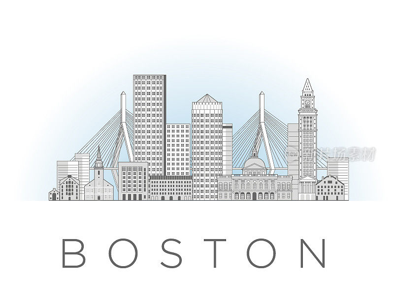 波士顿城市景观线艺术风格矢量插画