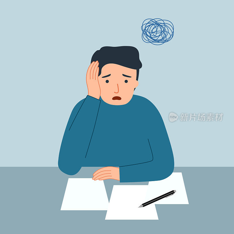 男人在办公室感到压力。处理文档时的头痛。工作期限。工作压力。