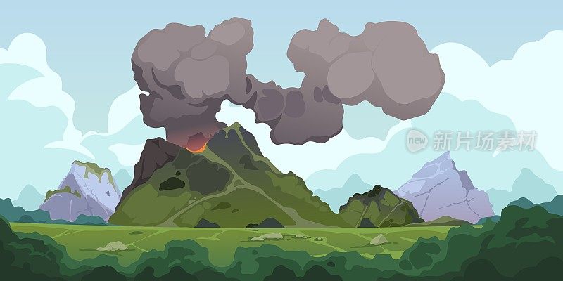 火山喷发背景。自然景观与活火山喷发，熔岩流和烟雾，山火顶部与火山口和岩浆。矢量图