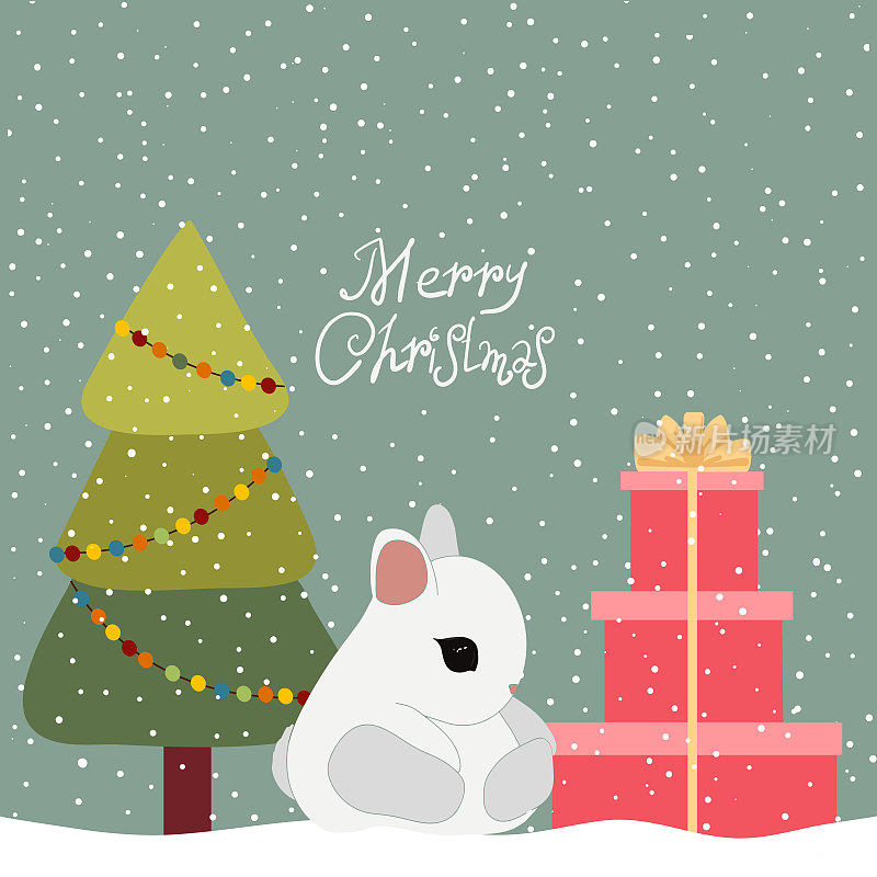 2023年兔年。可爱的圣诞兔子在圣诞树上和礼物。矢量图