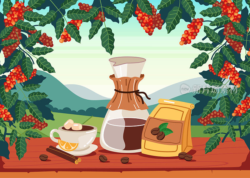 咖啡种植园产品树抽象设计元素概念插画
