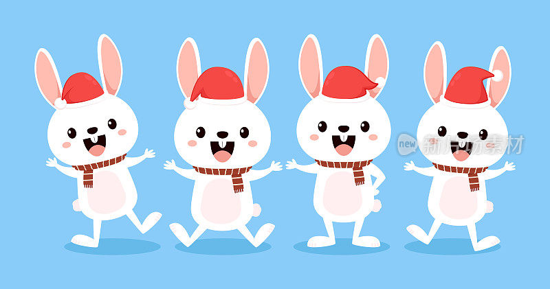 可爱的小白兔。兔子卡通矢量集合。动物野生动物特征。圣诞快乐海报。