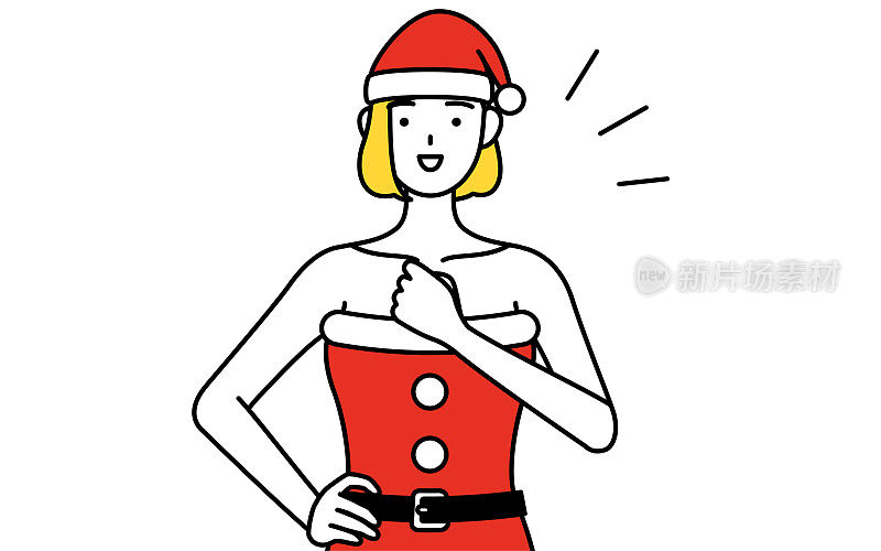 简单的线条插画，一个女人打扮成圣诞老人轻拍她的胸部。