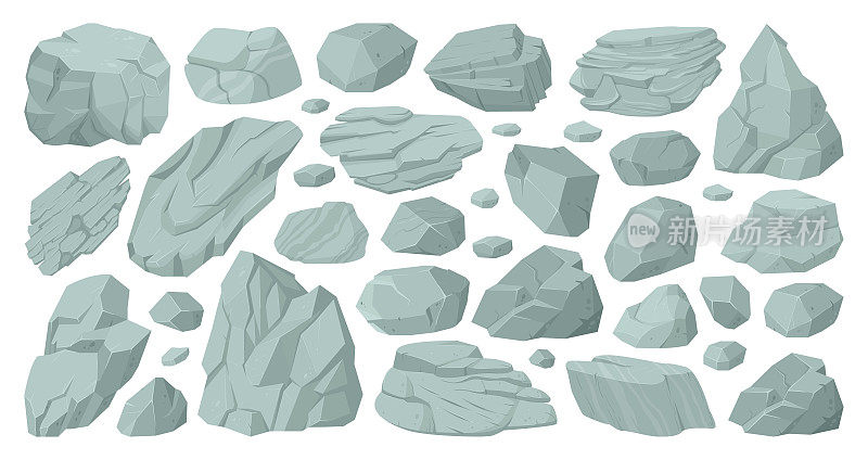 卡通花岗岩岩石和灰色卵石，巨石岩石的石头。花岗岩石头，山体岩石石堆平坦矢量插图在白色背景