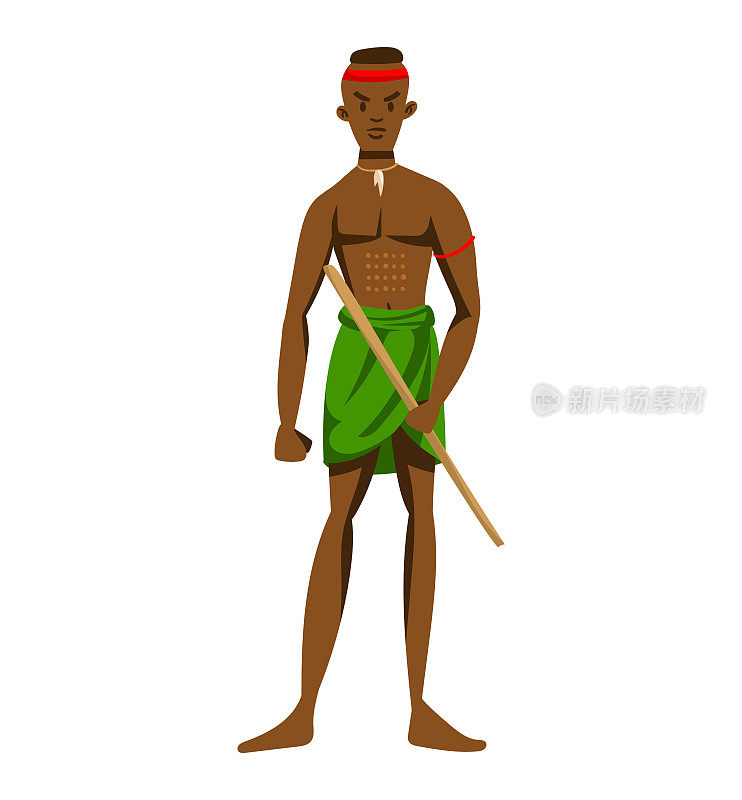非洲民族，非洲部落，传统的从属关系，年轻的男孩，孤立的白色，设计，卡通风格矢量插画。