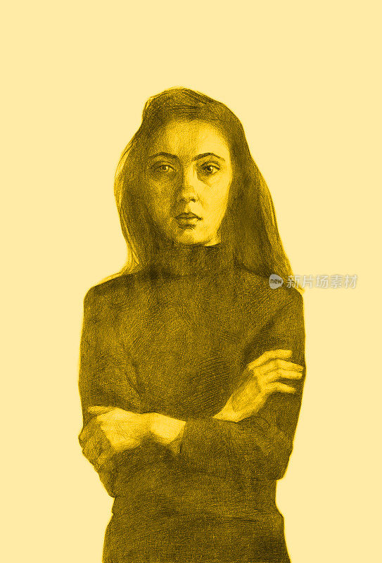 插图艺术品铅笔画肖像女孩长发在一件毛衣手臂折叠在她的胸前
