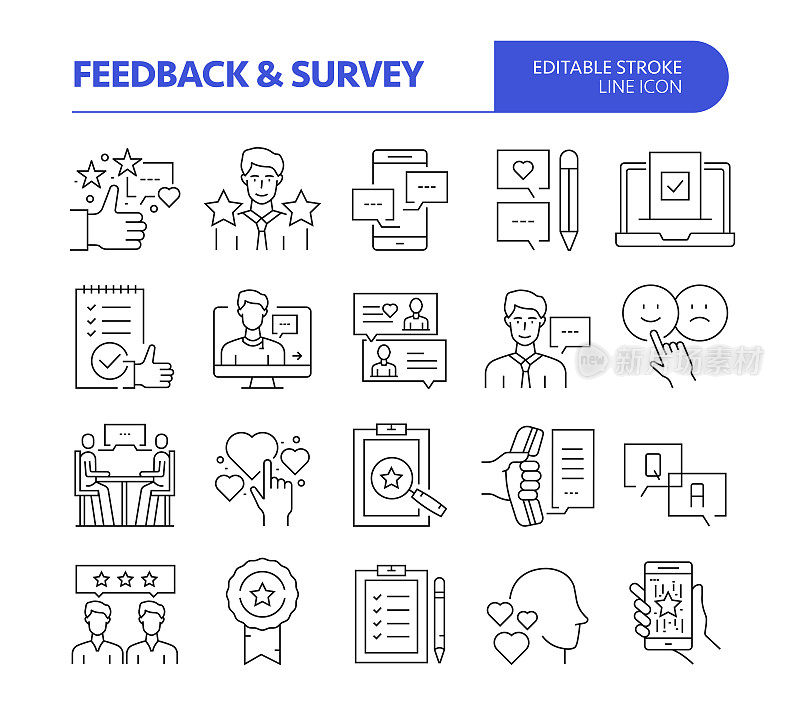 反馈和调查相关的线矢量图标集。可编辑的中风。满意，意见，质量，客户，完美。