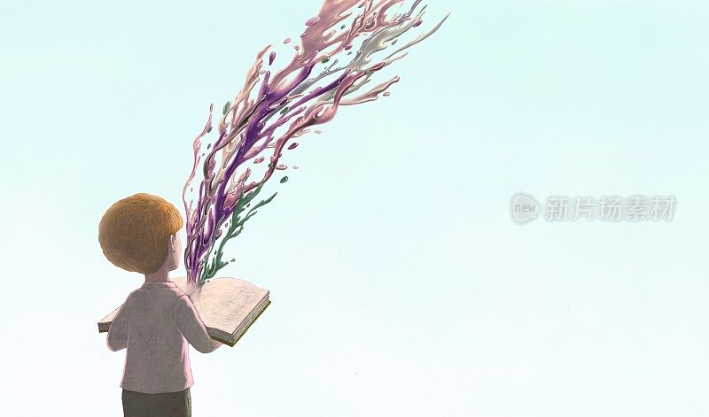 一个带着超现实主义书的男孩。概念艺术的想象力，灵感，孩子，孩子，动机，自由，教育和学习。概念艺术作品。绘制3d插图。