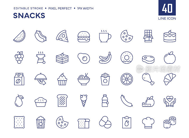 零食线图标集包含汉堡，热狗，披萨，巧克力，蛋糕，饼干等图标。