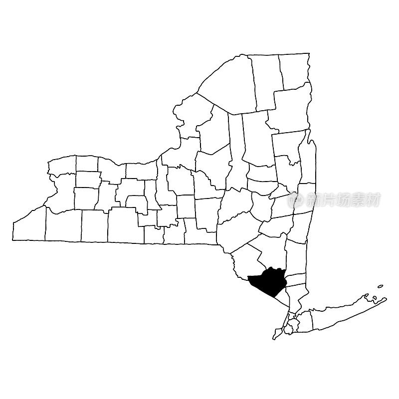 纽约州橙县地图，白色背景。纽约地图上的单个县用黑色突出显示。