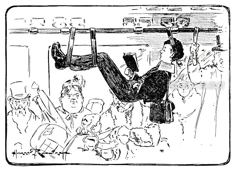 一个男人挂在铁路的行李环上看书