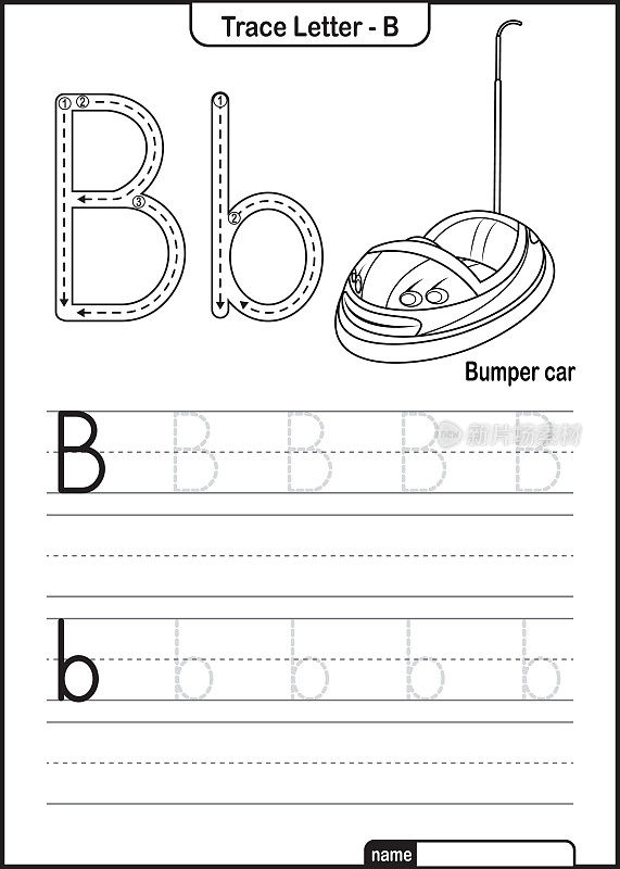 字母跟踪字母A到Z学龄前工作表与字母B碰碰车亲矢量