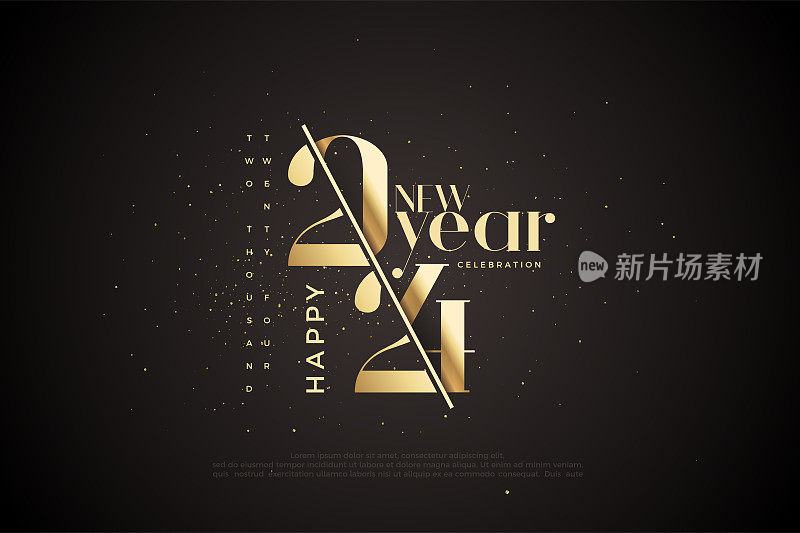 经典的金色设计。用奢华闪亮的金色庆祝2024年新年。为问候和快乐的新年2024庆祝的高级矢量设计。