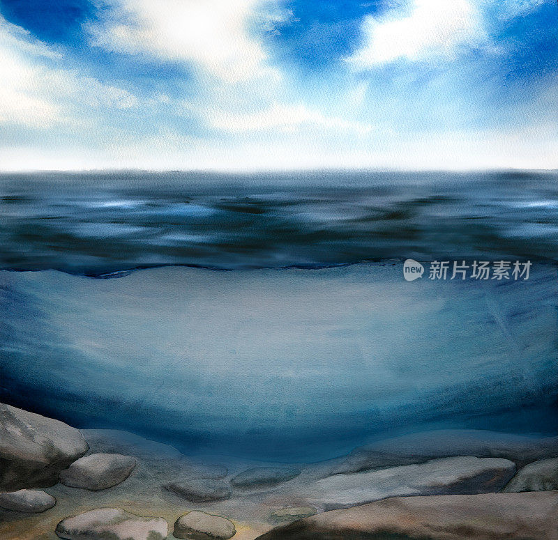 北海景观和水下世界，蓝天水彩画插图