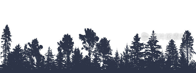 美丽的森林全景，冷杉，松树和不同的落叶树木的剪影。矢量插图。
