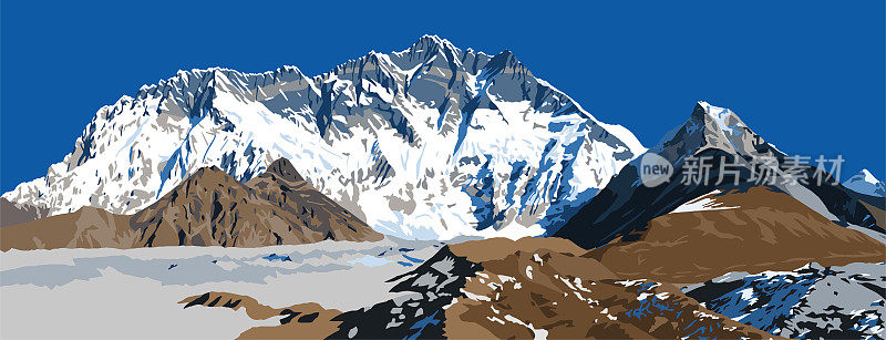 洛子山南岩面和冰川，矢量插图，昆布山谷，珠穆朗玛峰地区