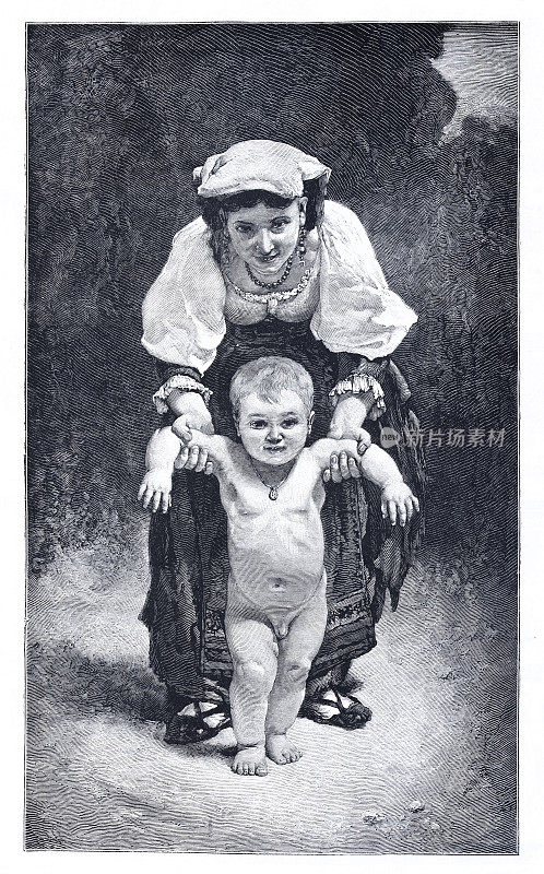 1874年，婴儿在母亲的帮助下迈出了第一步