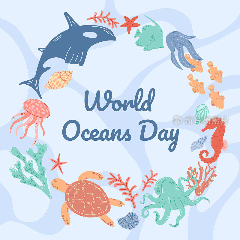 世界海洋日的方形旗帜上有许多不同的海洋动物、贝壳、珊瑚。