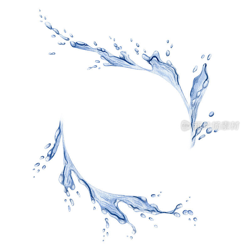 透明的蓝色的水飞溅和波浪滴。液体飞溅，流体带有液滴。水彩插图。孤立。