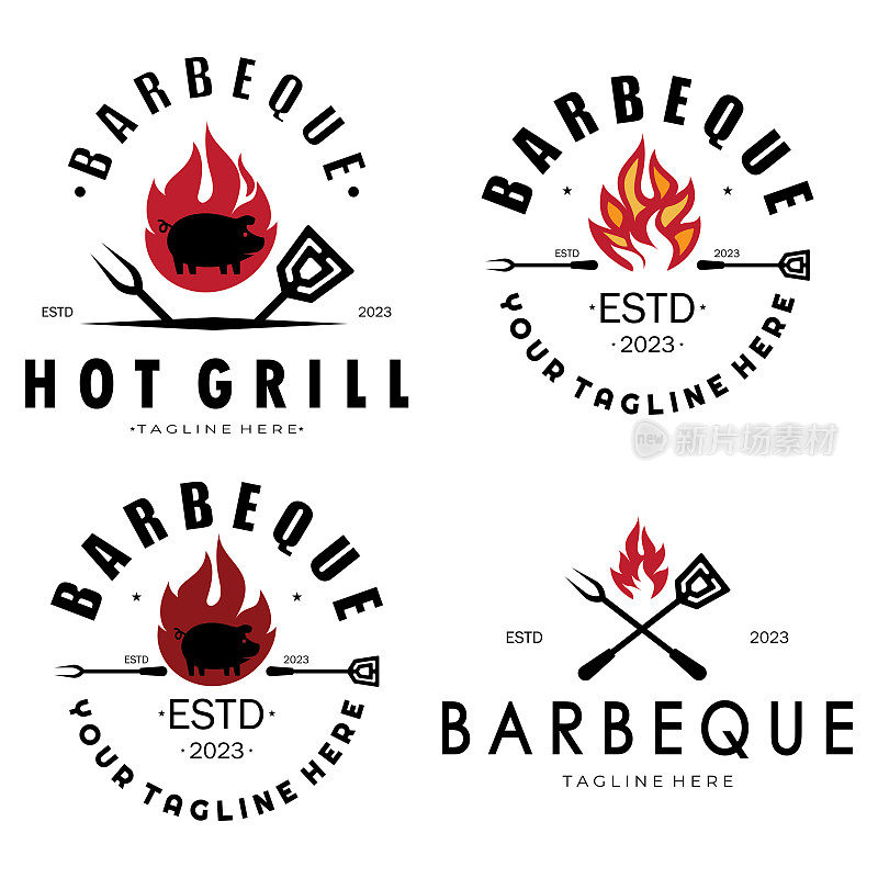 烟和烧烤老式热烤架，交叉火焰和抹刀。标志为餐厅，徽章，咖啡馆和酒吧。矢量
