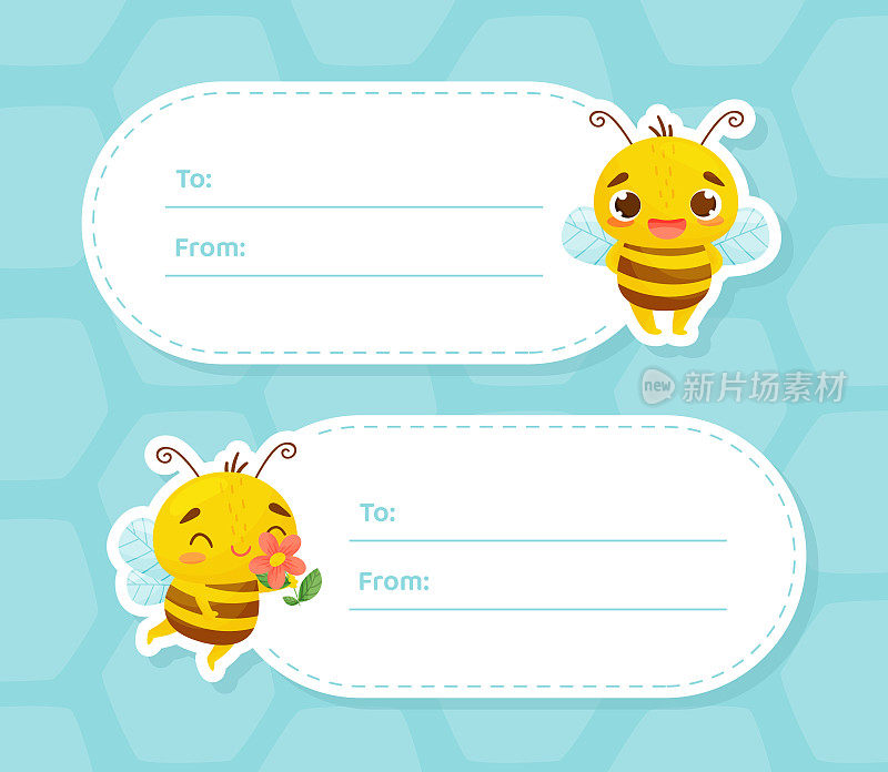 可爱的蜜蜂标签设计与繁忙的昆虫矢量模板