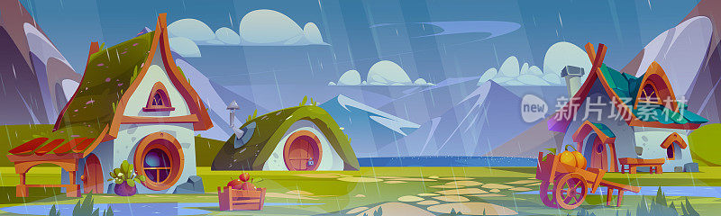 雨村的场景与可爱的幻想小矮人的房子