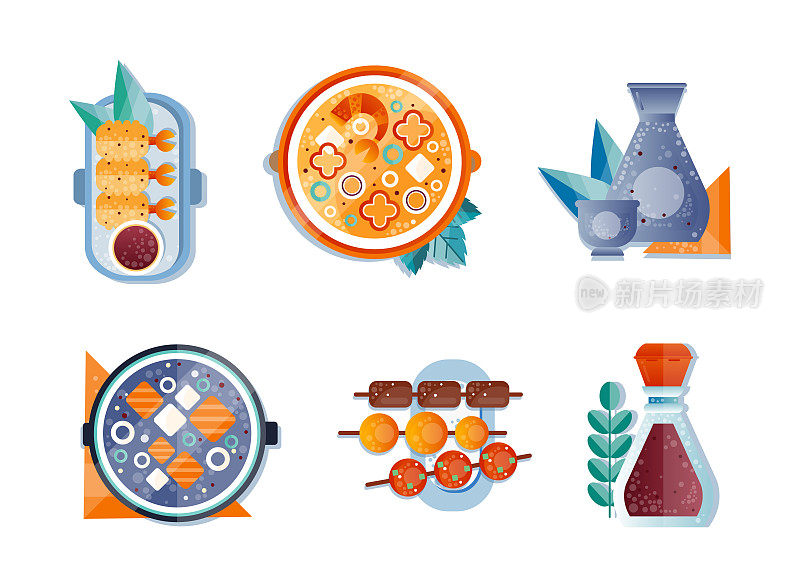 亚洲菜菜炒虾，汤和酱油瓶扁平图标矢量集